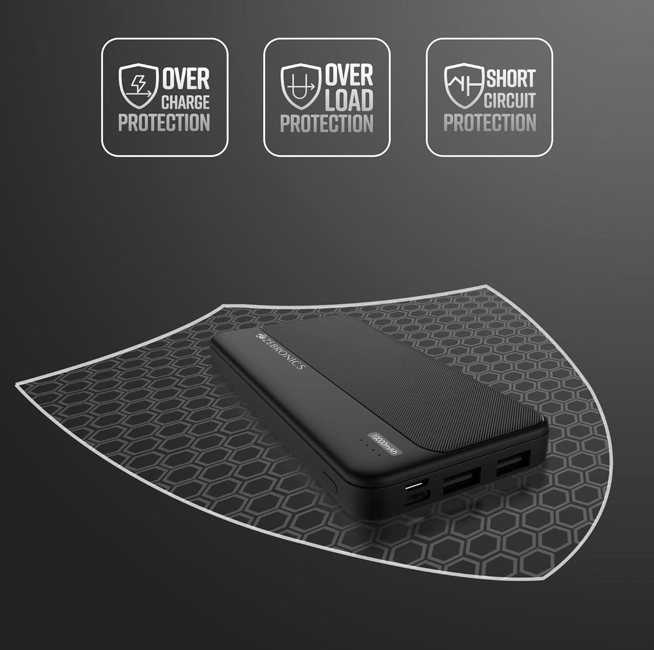 Close-up of the Type-C and Micro USB input ports on the Zebronics MB10000S5 Power Bank.