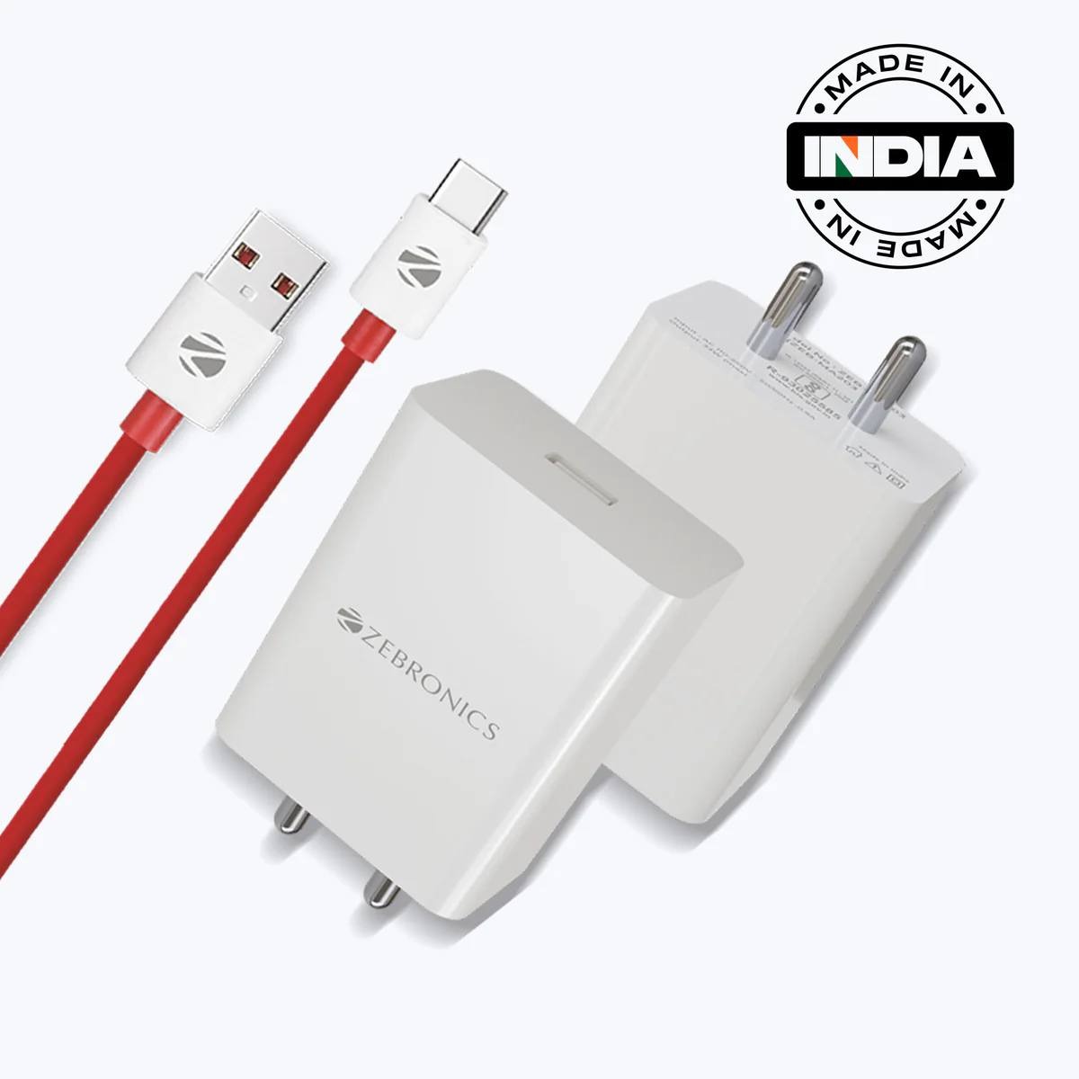 Zebronics Charger Set Type C MA203 Pro with 12V 2.5A adapter and durable Type-C cable.