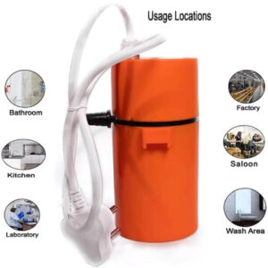 Orange instant portable geyser showing a standard power plug and a diagram of versatile usage locations including the bathroom, kitchen, laboratory, factory, saloon, and wash area.